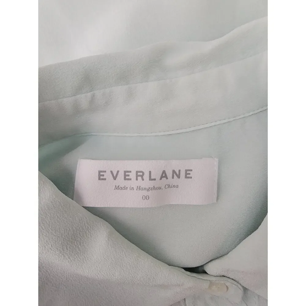 Everlane Blouse Womens SZ 00 Green 100% Silk button Up Shirt Semi Sheer